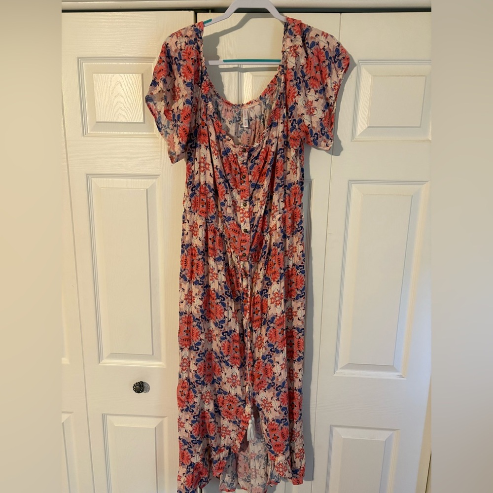Xhilaration Coral and Blue Floral Maxi Dress